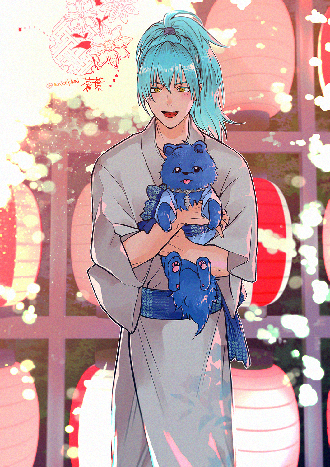 1boy :d alternate_costume alternate_hairstyle animal ankekkai blue_hair blue_sash blush character_name dog doodle_inset dramatical_murder grey_kimono hair_between_eyes high_ponytail highres holding holding_animal holding_dog japanese_clothes kimono lantern long_hair looking_at_viewer male_focus open_mouth outdoors paper_lantern ponytail ren_(dramatical_murder) sash seragaki_aoba smile solo standing twitter_username wide_sleeves yellow_eyes yukata
