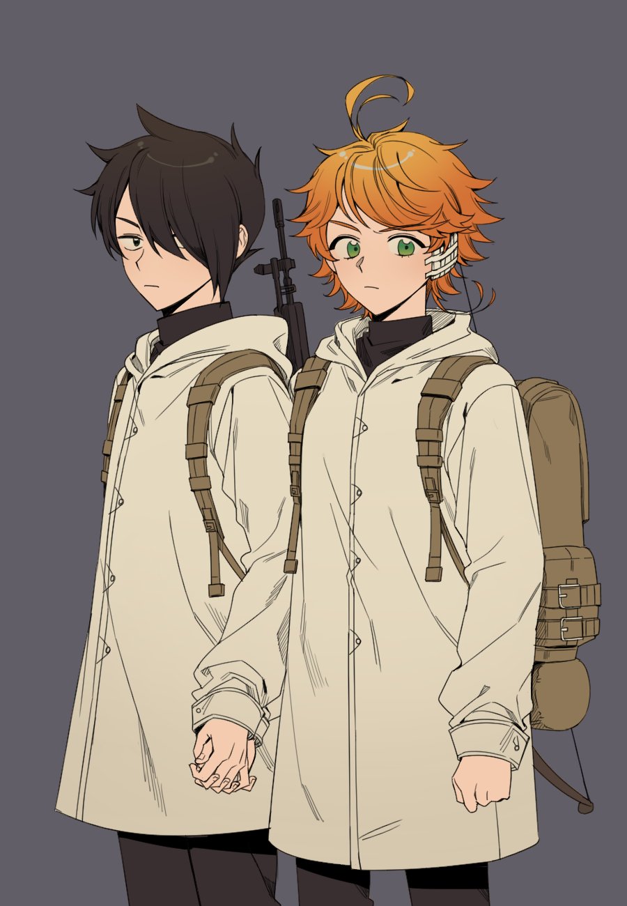 1boy 1girl antenna_hair bandage_on_ear black_eyes black_hair black_pants black_sweater blonde_hair brown_bag closed_mouth coat commentary_request cowboy_shot emma_(yakusoku_no_neverland) green_eyes grey_background hair_over_one_eye highres holding_hands hood hood_down hooded_jacket interlocked_fingers jacket korean_commentary long_sleeves meua_2 pants ray_(yakusoku_no_neverland) sanpaku short_hair simple_background sweater turtleneck turtleneck_sweater white_coat yakusoku_no_neverland