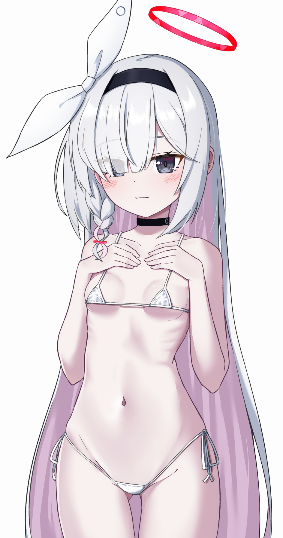 1girl blue_archive breasts flat_chest hairband highres long_hair looking_at_viewer multicolored_hair nenosame plana_(blue_archive) small_breasts solo swimsuit two-tone_hair white_hair