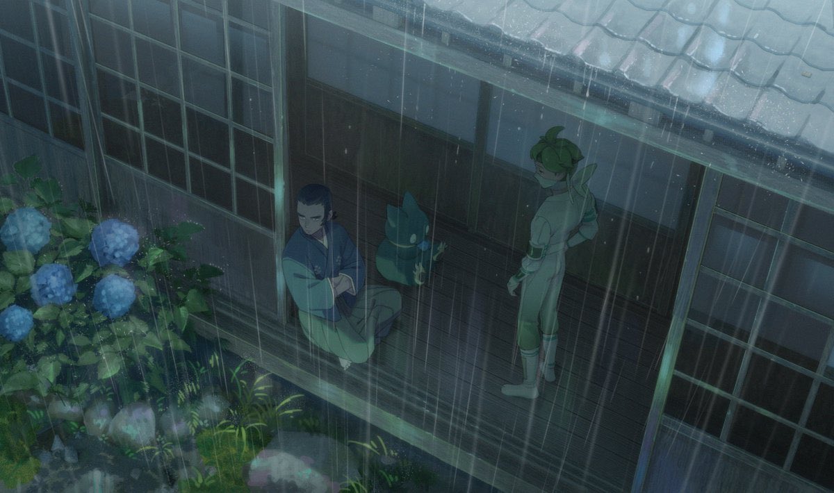 2boys aged_down ahoge beni_(pokemon) berry_(pokemon) black_hair blue_flower bush closed_mouth commentary_request eating flower gen_4_pokemon green_hair hakama japanese_clothes kamado_(pokemon) kimono looking_to_the_side male_focus meipu_hm multiple_boys munchlax nintendo outdoors pants pokemon pokemon_(creature) pokemon_legends:_arceus rain rooftop short_hair sitting sliding_doors standing stone wooden_floor
