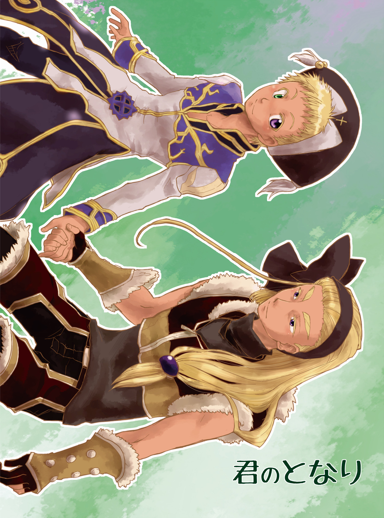 2girls black_coat black_gloves black_hairband black_pants black_shirt blonde_hair blue_coat brown_gloves brown_pants brown_shirt closed_mouth coat commentary_request cowboy_shot crop_top fingerless_gloves fur-trimmed_gloves fur-trimmed_shirt fur_trim gloves gold_trim green_background green_eyes hairband heterochromia high_priest_(ragnarok_online) highres holding_hands iqse long_hair looking_at_another looking_to_the_side male_focus multiple_girls noah_hat_(ragnarok_online) pants purple_eyes ragnarok_online shirt short_bangs short_hair sideways_glance sleeveless sleeveless_shirt smile sniper_(ragnarok_online) two-tone_gloves white_coat