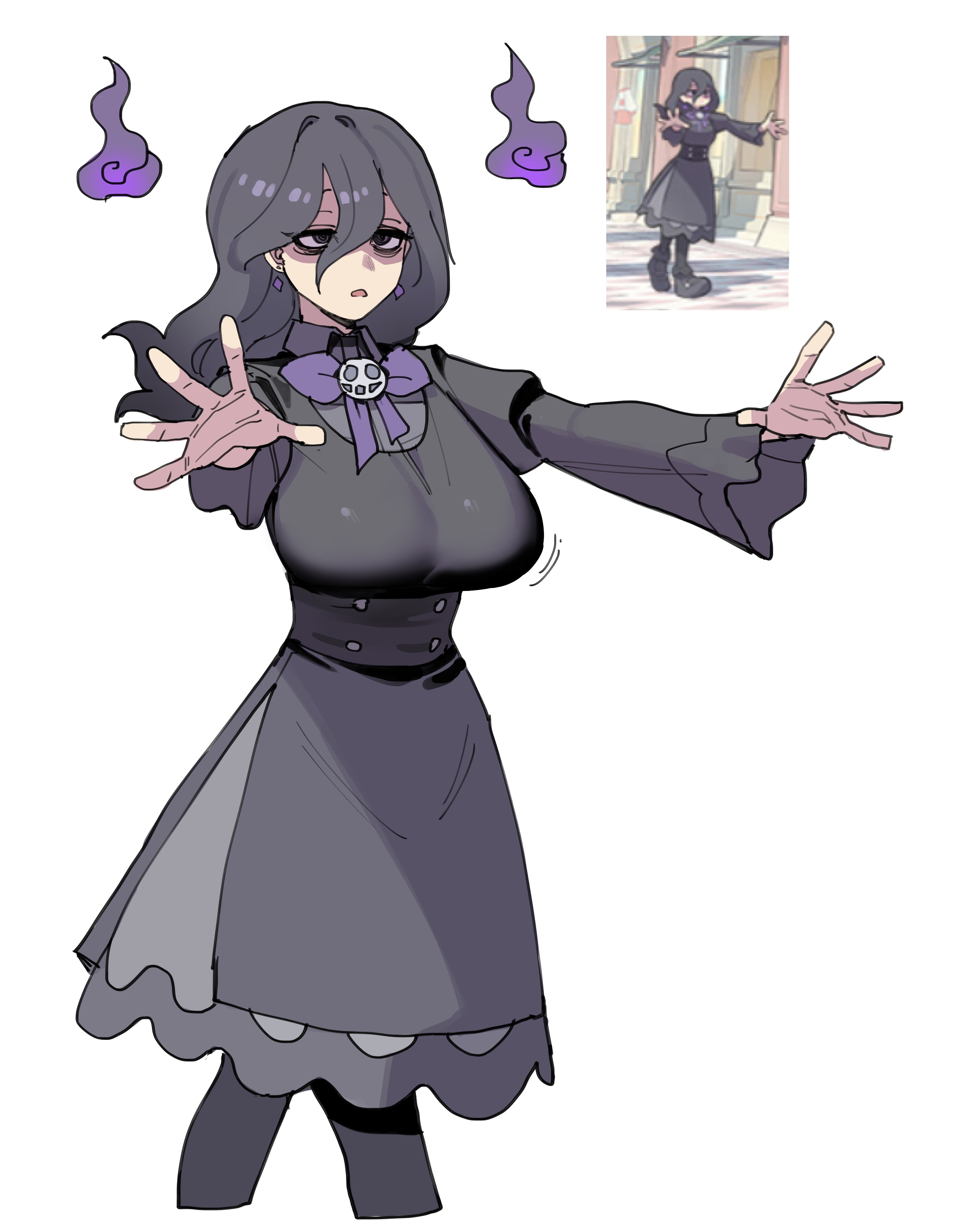 1girl absurdres alternate_breast_size bags_under_eyes breasts dress hair_between_eyes hex_maniac_(pokemon) hex_maniac_(pokemon_legends:_z-a) highres long_hair looking_at_viewer nintendo official_art_inset open_mouth pantyhose photo_inset pokemon pokemon_legends:_z-a ratatatat74 reference_inset simple_background white_background