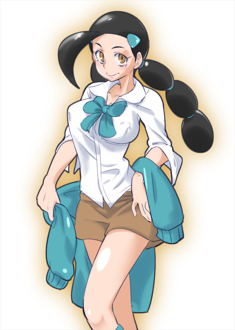 1girl bad_id bad_pixiv_id black_hair blue_bow blue_bowtie bow bowtie breasts brown_eyes brown_skirt candice_(pokemon) cleavage closed_mouth collarbone collared_shirt covered_erect_nipples eyebrows eyelashes female_focus gym_leader hair_ornament large_breasts long_hair looking_at_viewer miniskirt multi-tied_hair nintendo pokemon pokemon_dppt shirt skirt smile solo twintails white_background white_shirt zaitsu