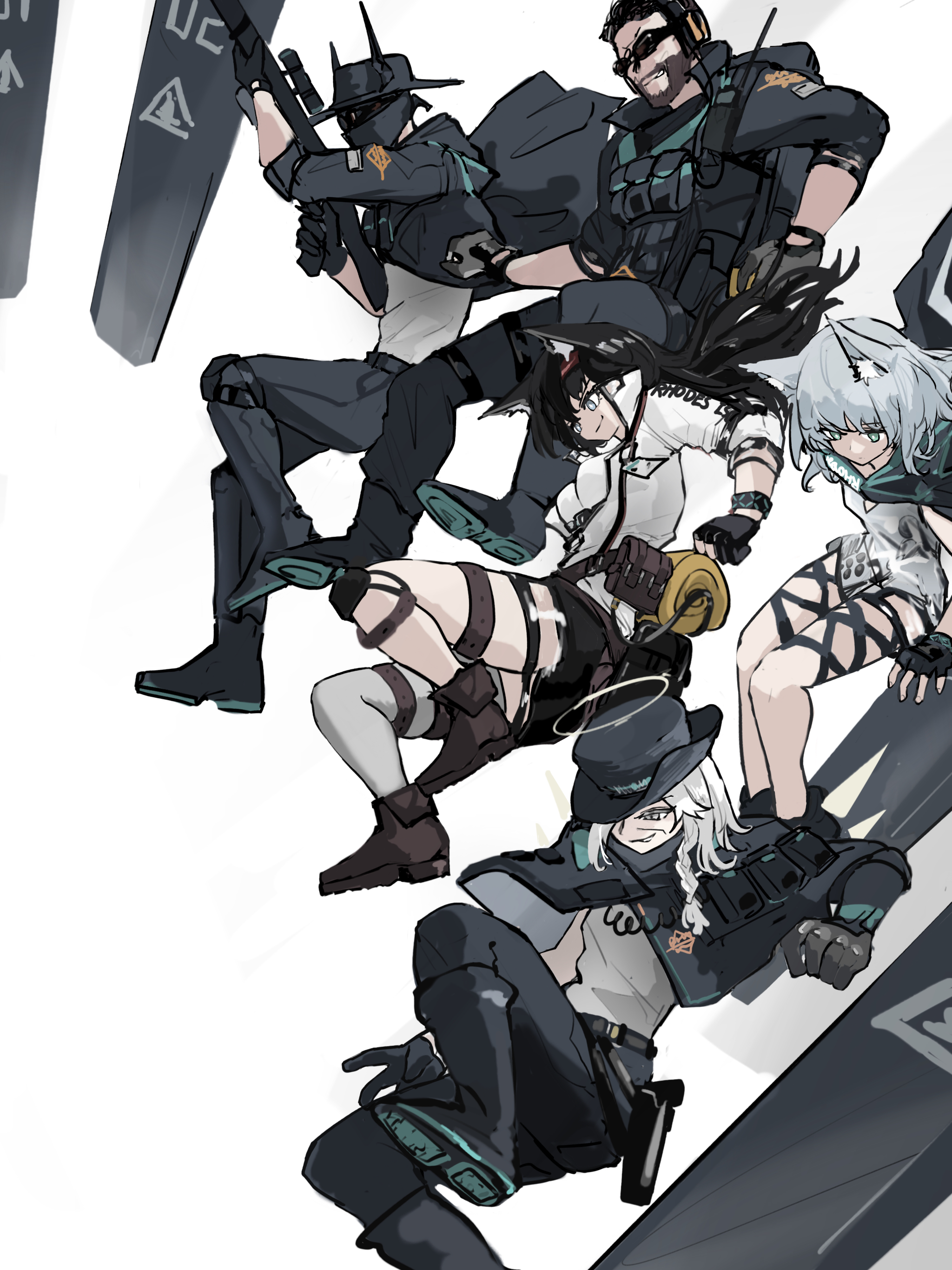 2boys 3girls absurdres ace_(arknights) arknights bandana bandana_over_mouth beard black_hair blaze_(arknights) expressionless facial_hair falling fedora halo hat highres horns horns_through_headwear long_sleeves multiple_boys multiple_girls old old_woman outcast_(arknights) pants partially_open_jacket rosmontis_(arknights) scout_(arknights) simple_background smile sunglasses thigh_strap whate=3r white_hair