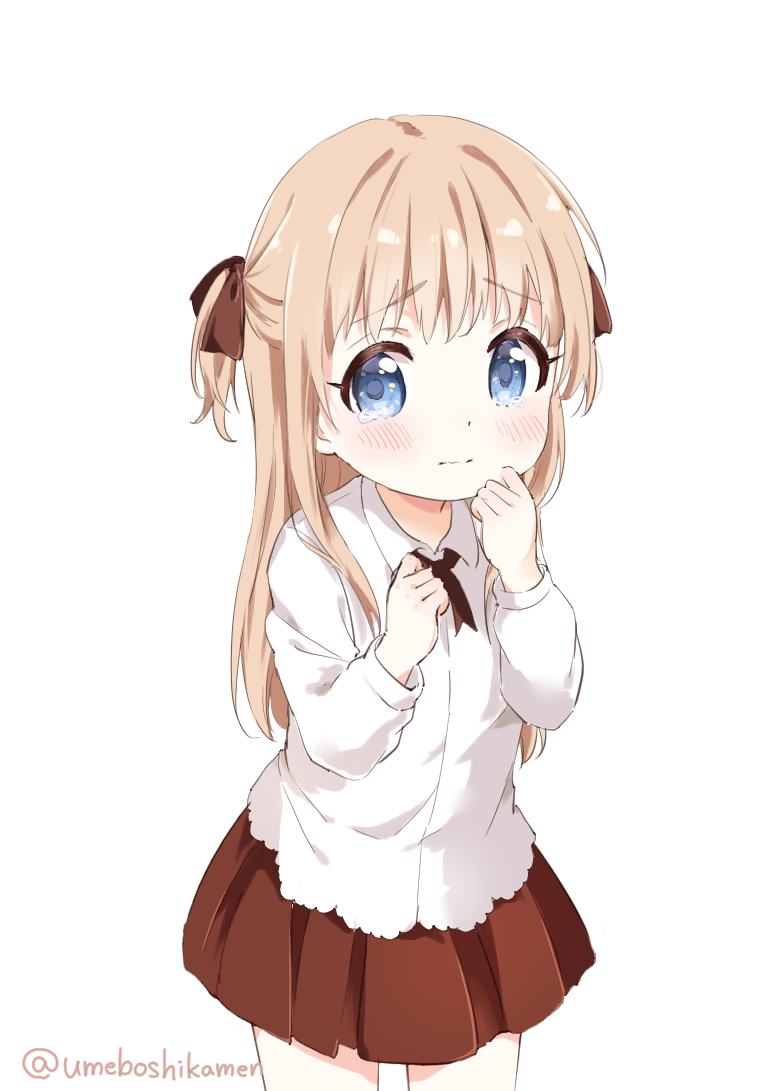 1girl aged_down blonde_hair blue_eyes blush closed_mouth collared_shirt commentary frilled_shirt frills hair_ribbon hand_on_own_face hands_up long_hair looking_at_viewer mearian neck_ribbon pleated_skirt raised_eyebrows red_ribbon red_skirt ribbon scared shirt simple_background skirt solo tears toshinou_kyouko twitter_username two_side_up wavy_mouth white_background white_shirt yuruyuri