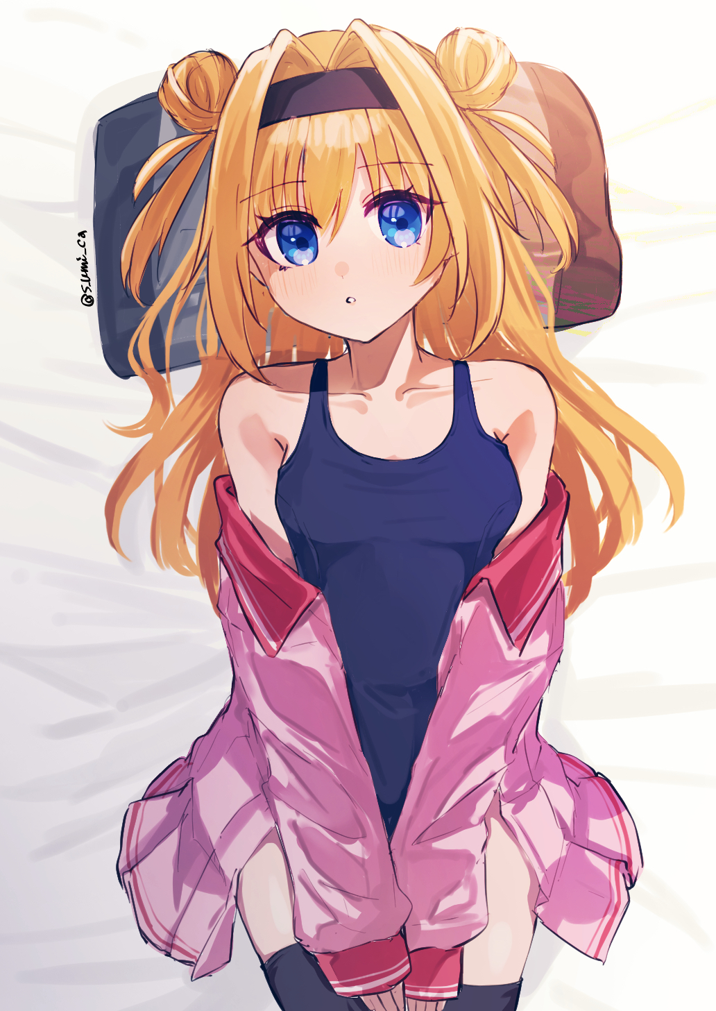 1girl bare_shoulders black_hairband black_thighhighs blonde_hair blue_eyes blue_one-piece_swimsuit blush breasts casual_one-piece_swimsuit ch2sh chitose_sana collarbone commentary cowboy_shot double_bun english_commentary eyes_visible_through_hair from_above hair_between_eyes hair_bun hair_intakes hair_spread_out hairband halterneck head_on_pillow highres long_hair long_sleeves looking_at_viewer lying miniskirt on_back one-piece_swimsuit open_clothes open_shirt open_skirt parted_lips pillow pink_serafuku pink_shirt pink_skirt school_uniform serafuku shirt skirt small_breasts solo swimsuit swimsuit_under_clothes tenshinranman thighhighs twitter_username two_side_up v_arms variant_set