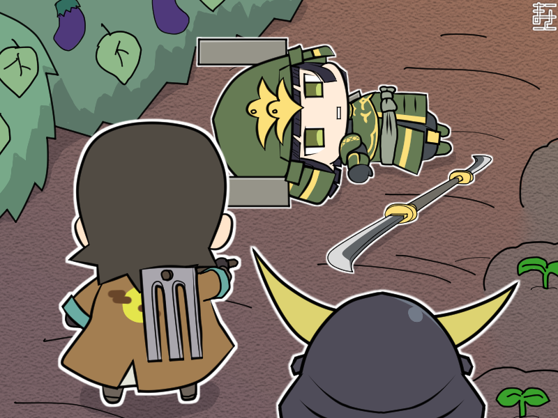 3boys armor black_hair blunt_bangs brown_hair chibi chibi_only date_masamune_(sengoku_basara) eggplant green_eyes helmet hoe holding japanese_armor kabuto_(helmet) katakura_kojuurou_(sengoku_basara) lying male_focus manojimerser multiple_boys official_style on_back parted_lips polearm sengoku_basara shibata_katsuie_(sengoku_basara) short_hair spear weapon