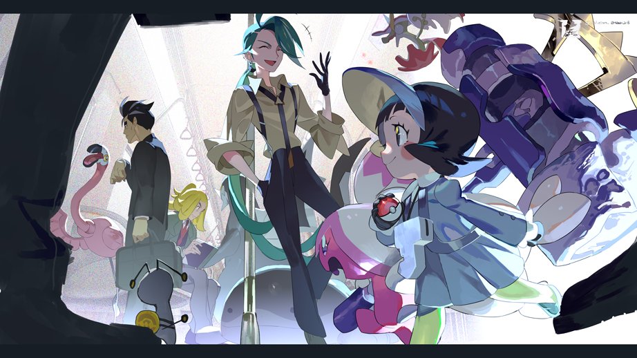 +++ 2boys 2girls baxcalibur black_gloves black_hair black_necktie black_pants blush_stickers closed_mouth collared_shirt dress e_volution flamigo flapple from_below gen_8_pokemon gimmighoul gimmighoul_(roaming) gloves green_pantyhose hassel_(pokemon) holding holding_poke_ball jacket larry_(pokemon) long_sleeves multiple_boys multiple_girls necktie nintendo pants pantyhose poke_ball poke_ball_(basic) pokemon pokemon_(creature) pokemon_sv poppy_(pokemon) rika_(pokemon) shirt short_hair silhouette smile suspenders tinkaton