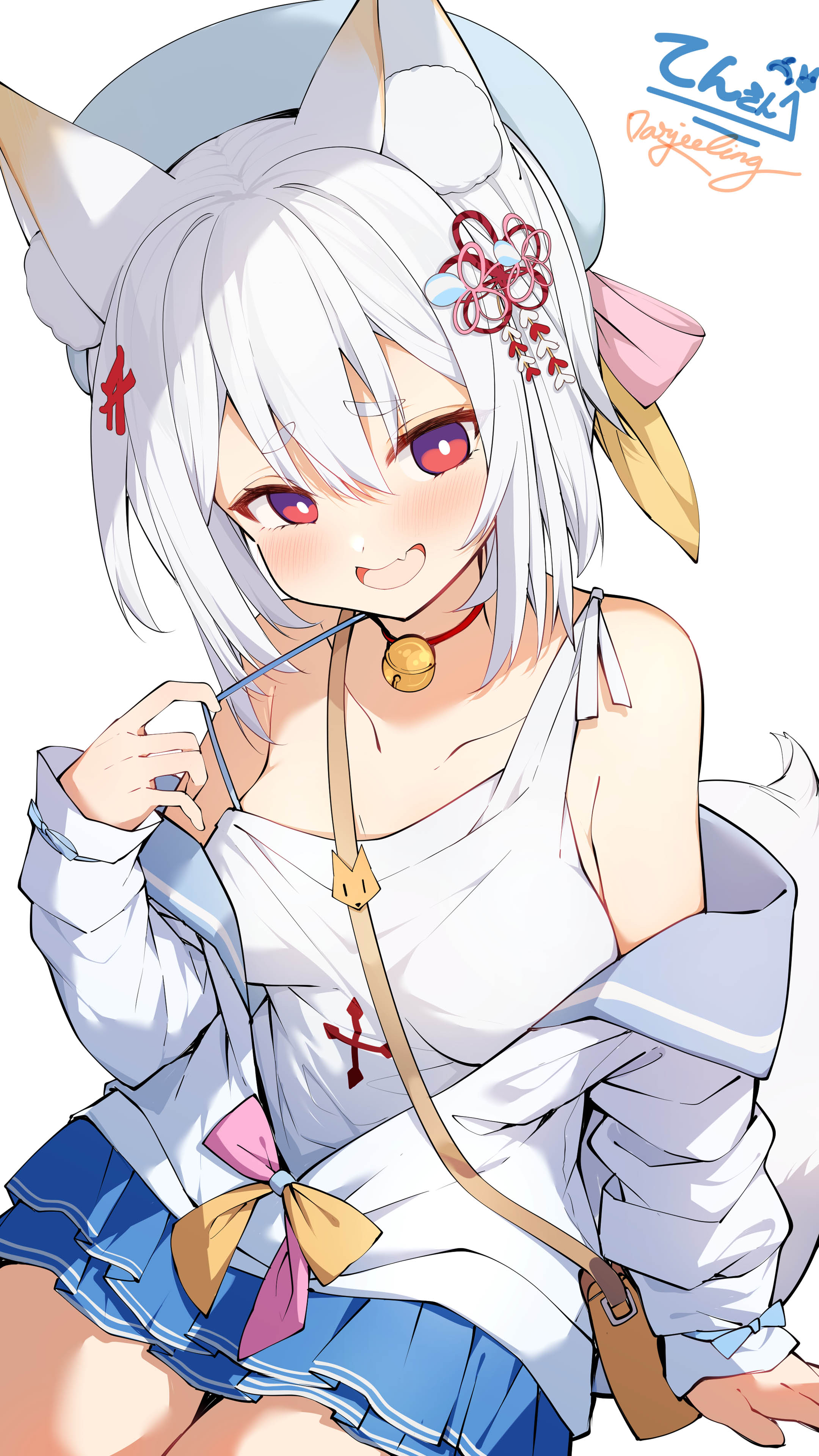 1girl absurdres animal_ear_fluff animal_ears bag bare_shoulders bell beret blue_hat blue_skirt blush bow breasts clothes_pull collarbone commission commissioner_name darjeeling_(reley) fang hair_bow hat highres large_breasts long_sleeves looking_at_viewer neck_bell open_mouth pink_bow pulling_own_clothes red_eyes second-party_source shirt shoulder_bag signature simple_background sitting skeb_commission skin_fang skirt sleeves_past_wrists solo vrchat white_background white_shirt