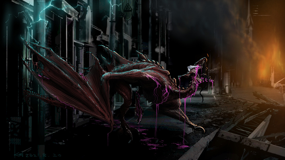 bleeding blood building city claws colored_blood concept_art crest dated debris destruction electricity emaciated energy engi_(animation_studio) fire full_body gamera_(series) gamera_-rebirth- giant giant_monster green_electricity gyaos kadokawa kaiju monster night no_humans official_art open_mouth pink_blood promotional_art purple_blood road rubble sharp_teeth side_profile signature smoke street tail takahama_kan talons teeth torn_wings wings
