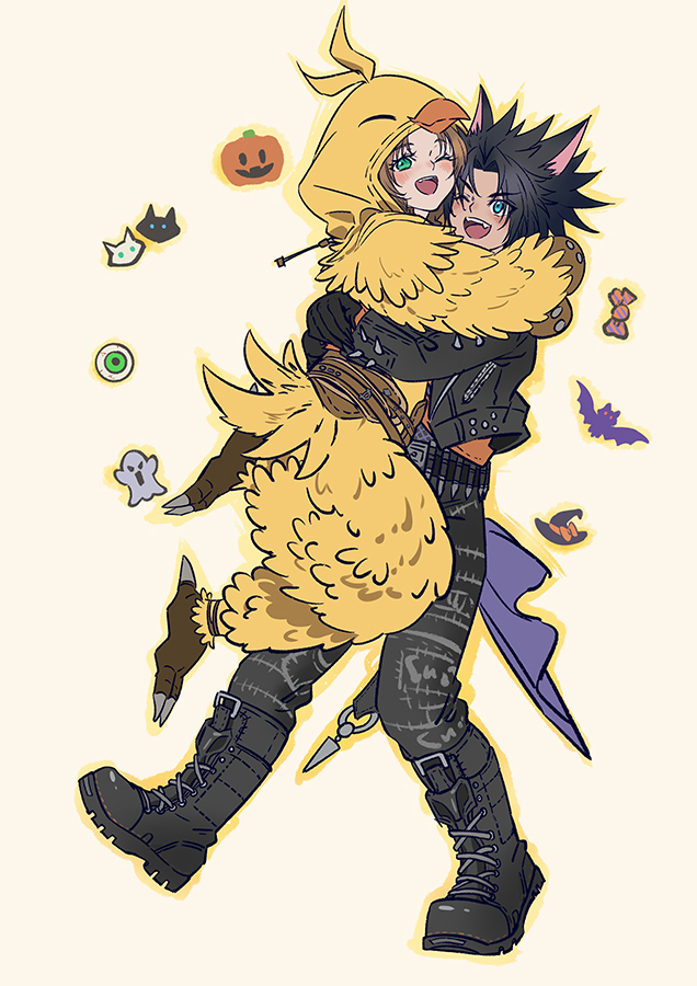 aerith_gainsborough aerith_gainsborough_(chocobo_suit) animal_ears bird_costume bird_hood black_jacket black_pants boots chocobo_costume final_fantasy final_fantasy_vii final_fantasy_vii_ever_crisis hug huosheanng jacket lifting_person mascot_costume onesie open_mouth pants smile spiked_hair spiked_jacket wolf_ears zack_fair zack_fair_(black_hound)