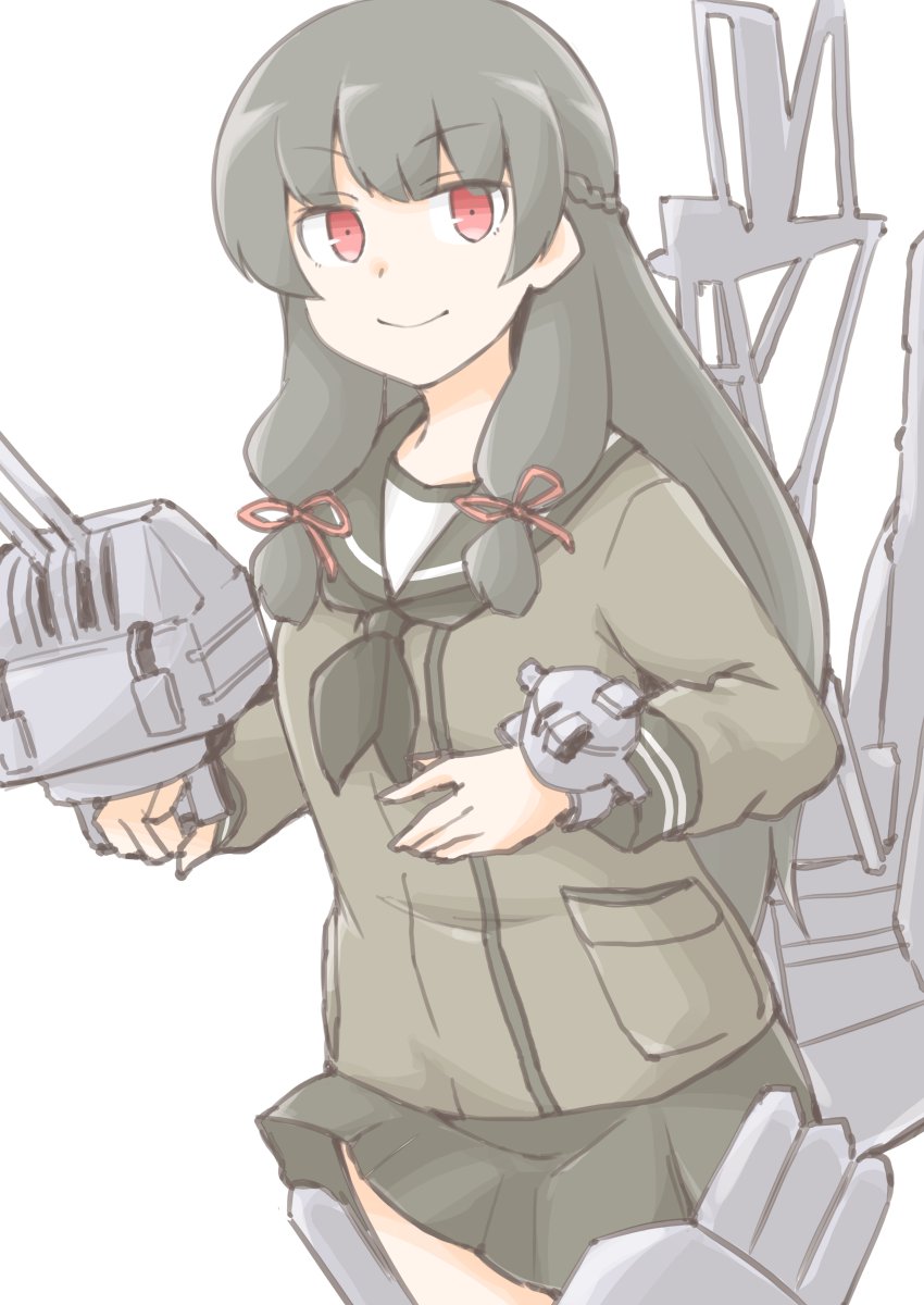 1girl adapted_turret akara_kai black_hair cannon cosplay cowboy_shot green_sailor_collar green_serafuku green_shirt green_skirt hair_ribbon highres isokaze_(kancolle) kantai_collection kitakami_(kancolle) kitakami_(kancolle)_(cosplay) long_hair machinery pleated_skirt red_eyes ribbon sailor_collar school_uniform serafuku ship_turret shirt simple_background skirt solo torpedo_launcher tress_ribbon white_background