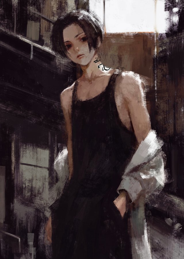 1boy black_eyes black_pants black_tank_top building commentary cowboy_shot expressionless fuyumurasaki hand_in_pocket jacket lips male_focus neck_tattoo outdoors pants sano_manjirou short_hair solo standing tank_top tattoo tokyo_revengers very_short_hair white_jacket