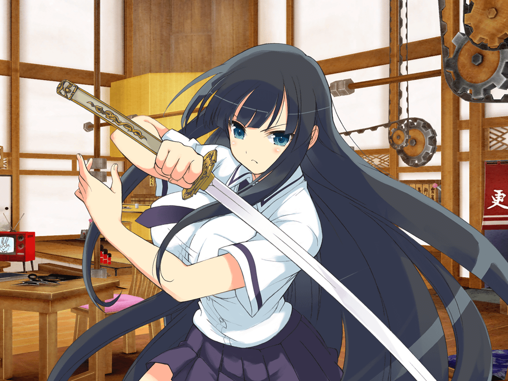 1girl architecture black_hair blue_eyes blue_necktie blush breast_pocket breasts chair closed_mouth east_asian_architecture gears hanzou_academy_school_uniform hime_cut holding holding_sword holding_weapon ikaruga_(senran_kagura) indoors large_breasts long_hair looking_at_viewer miniskirt necktie ninto_(senran_kagura) official_art ootachi pleated_skirt pocket school_uniform senran_kagura senran_kagura_new_link senran_kagura_shoujo-tachi_no_shin&#039;ei shirt short_sleeves shouji skirt sliding_doors solo sword table very_long_hair weapon white_shirt yaegashi_nan