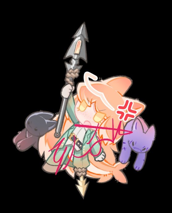 1girl animal_ears animalization black_background breasts cat chibi collared_shirt harpoon heathcliff_(project_moon) holding holding_weapon ishmael_(project_moon) limbus_company open_mouth orange_eyes orange_hair pequod_(identity)_(project_moon) project_moon shirt simple_background solo weapon white_shirt yi_sang_(project_moon) zeremi0102
