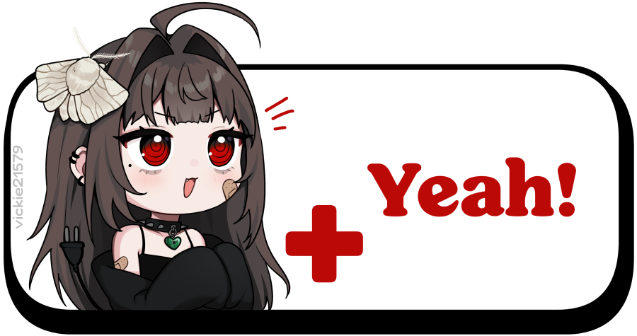 1girl ahoge animal animal_on_head artist_name bags_under_eyes bandaid bandaid_on_arm bandaid_on_cheek bandaid_on_face bare_shoulders black_jacket black_shirt brown_hair bug cable cable_tail chibi chibi_only choker ear_piercing electric_plug electric_plug_tail hair_intakes heart heart_choker insect jacket long_hair long_sleeves mechanical_tail meme miiverse_yeah!_(meme) mole mole_under_eye moth moth_on_head off_shoulder on_head open_mouth original outside_border piercing red_eyes ringed_eyes shirt sleeves_past_fingers sleeves_past_wrists solo spaghetti_strap spiked_choker spikes tail upper_body vickie_(cryingrobot) vickie_(cryingrobot)_(character)