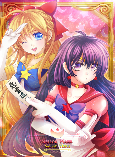 2girls ;d aino_minako bishoujo_senshi_sailor_moon bishoujo_senshi_sailor_moon_stars blonde_hair blue_bow blue_eyes bow brooch character_name choker cowboy_shot earrings elbow_gloves fch2009 gloves hair_bow half_updo hino_rei inner_senshi jewelry long_hair looking_at_viewer magical_girl multiple_girls ofuda one_eye_closed open_mouth purple_bow purple_eyes purple_hair red_bow sailor_collar sailor_mars sailor_senshi sailor_venus smile star_(symbol) star_brooch star_earrings super_sailor_mars_(stars) super_sailor_venus_(stars) tiara white_gloves