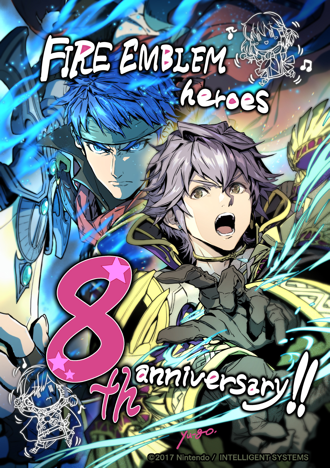2boys anniversary blue_aura blue_eyes blue_hair cape chrom_(fire_emblem) company_name copyright_name earrings fire_emblem fire_emblem:_radiant_dawn fire_emblem_awakening fire_emblem_engage fire_emblem_heroes gloves green_headband headband highres holding holding_sword holding_weapon ike_(emblem)_(fire_emblem) ike_(fire_emblem) jewelry male_focus male_robin_(fire_emblem) mist_(fire_emblem) multiple_boys nintendo official_art okuma_yuugo open_mouth ragnell red_cape male_robin_(grandmaster)_(fire_emblem) short_hair sword weapon
