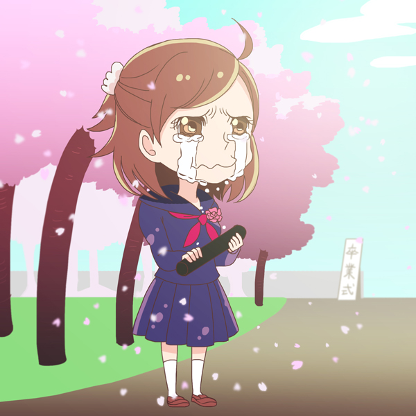 1girl brown_hair cherry_blossoms commentary crying diploma female_focus graduation higuchi_(trigger) official_art promotional_art school_uniform serafuku skirt solo tears tree trigger_(company)