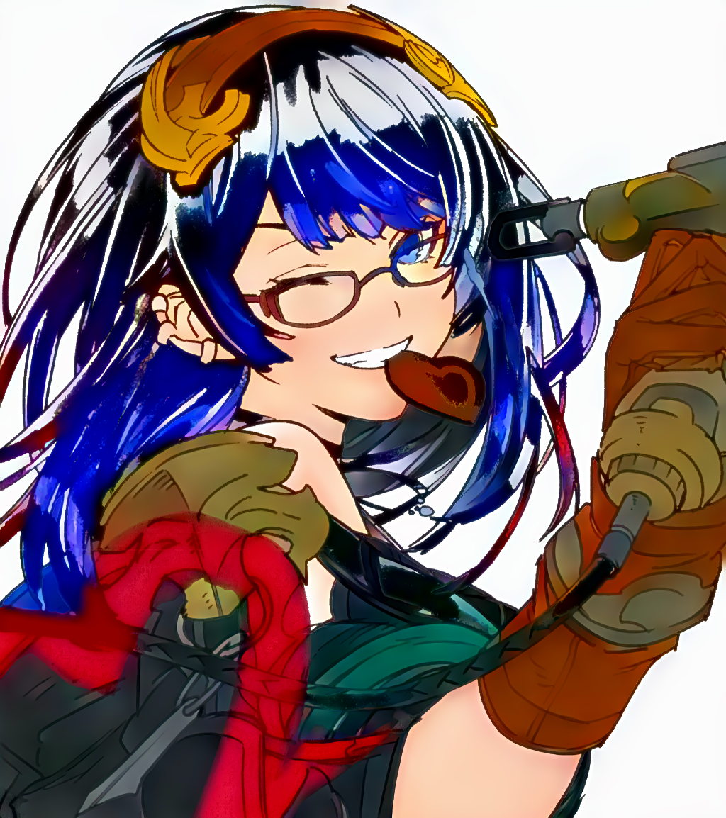 blue_hair character_name chocolate close-up dark_blue_hair earrings framed glasses granblue_fantasy hair_ornament heart heart_in_mouth illnott_(granblue_fantasy) jewelry necklace one_eye_closed paint paint_gun painting_(action) saya_atena smile upper_body valentine white_background