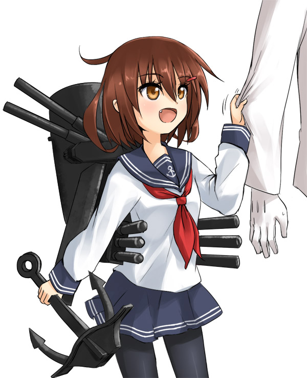 10s admiral_(kancolle) bad_id bad_pixiv_id brown_hair fang hair_ornament hairclip ikazuchi_(kancolle) kantai_collection pantyhose school_uniform serafuku silent_sakia thighhighs yellow_eyes