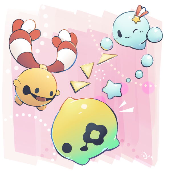 aquabluu artist_name black_eyes border character_request chingling closed_mouth commentary creatures_(company) english_commentary game_freak gen_4_pokemon looking_at_another nintendo no_humans notice_lines one_eye_closed open_mouth pink_background pokemon pokemon_(creature) signature simple_background smile solid_circle_eyes star_(symbol) the_legend_of_zelda the_legend_of_zelda:_echoes_of_wisdom tri_(zelda) white_border