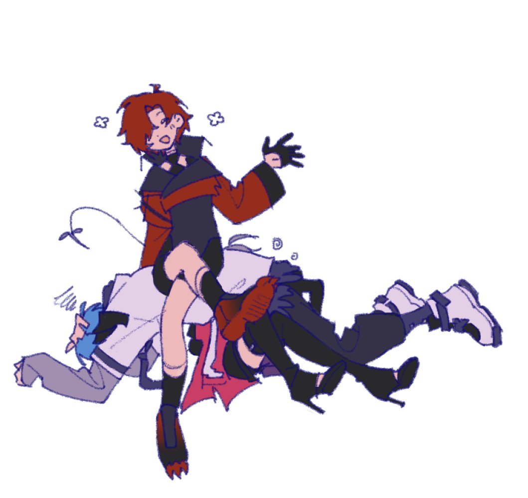 3boys ahoge black_choker black_gloves black_shorts blue_hair boots choker closed_eyes coat commentary crossed_legs earpiece english_commentary flower_symbol gavis_bettel gavis_bettel_(1st_costume) gloves high_heel_boots high_heels holostars holostars_english jacket legwear_garter looking_at_viewer lying lying_on_person machina_x_flayon machina_x_flayon_(1st_costume) male_focus mechanical_tail multicolored_coat multiple_boys on_back open_mouth pile qveiis red_hair red_jacket regis_altare short_hair shorts sitting sitting_on_person sketch smile tail thigh_boots virtual_youtuber waving white_background