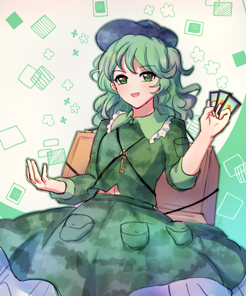 1girl camouflage camouflage_jacket camouflage_skirt card cowboy_shot green_eyes green_hair holding holding_card jacket key khylimei looking_at_viewer medium_hair midriff open_mouth skirt touhou wavy_hair yamashiro_takane