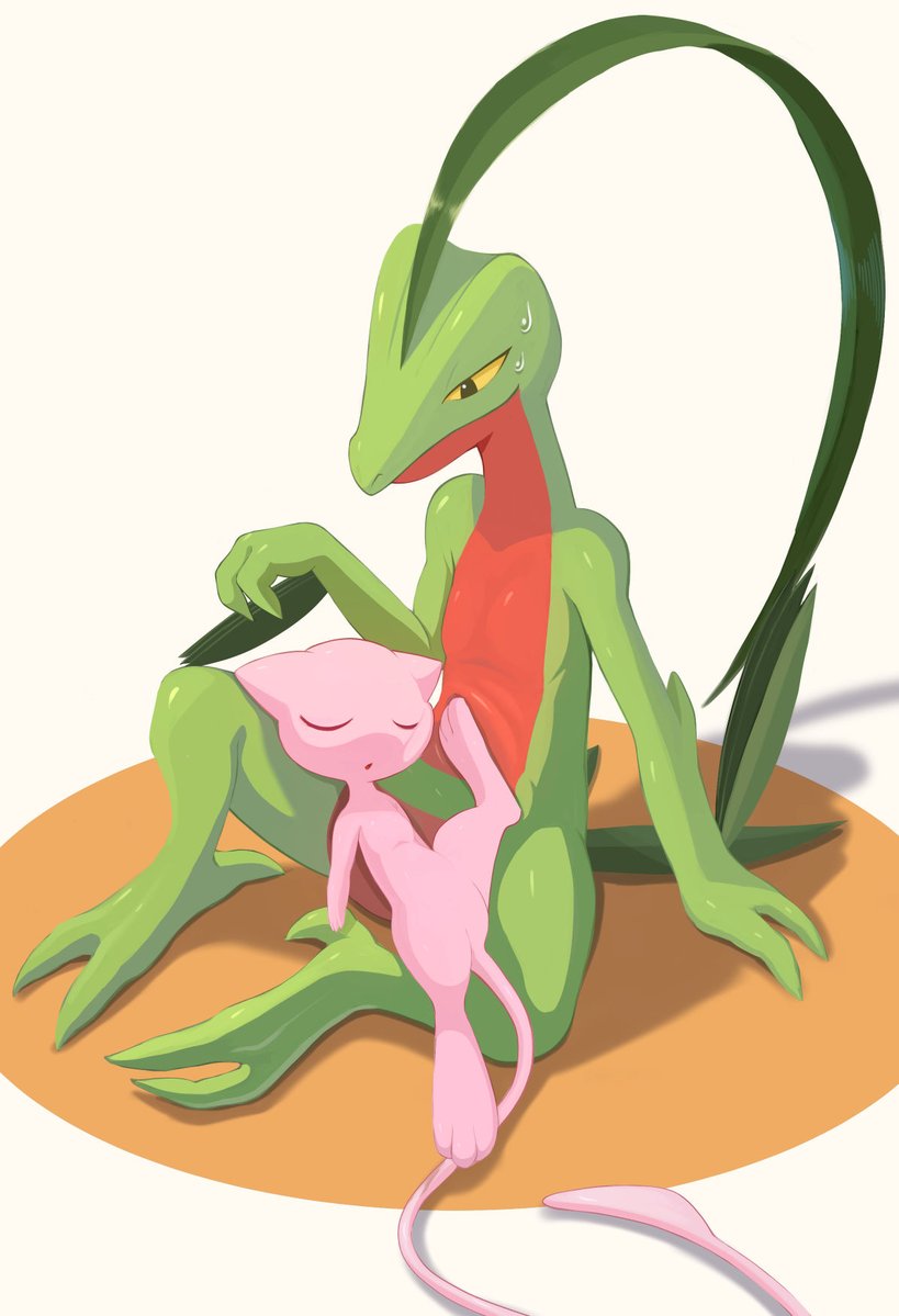 animal_focus closed_eyes colored_skin commentary_request gen_1_pokemon gen_3_pokemon green_skin grovyle karamimame legendary_pokemon mew_(pokemon) mythical_pokemon nintendo no_humans pink_skin pokemon pokemon_(creature) simple_background sitting sleeping sweat tail white_background yellow_eyes