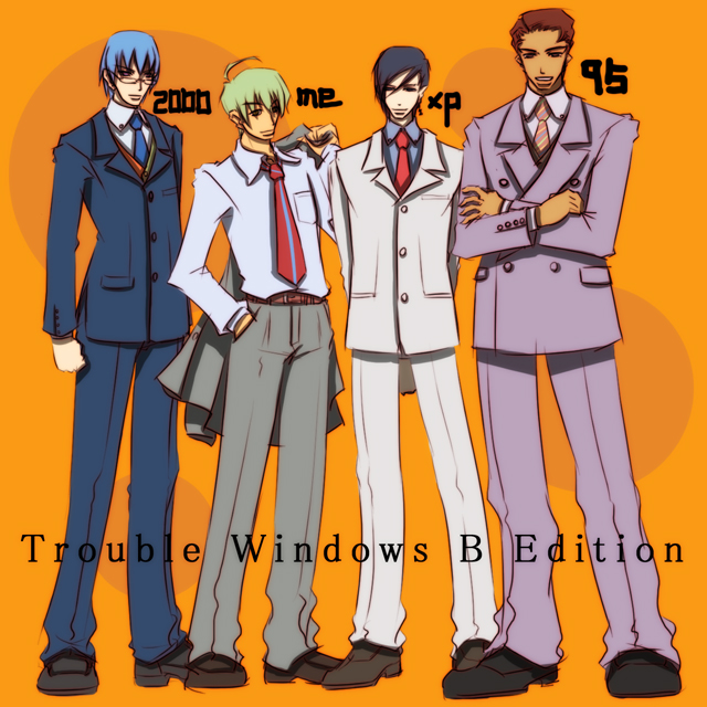 2k-kun 4boys 95-kun 98-kun ahoge black_hair blonde_hair blue_hair buttoned_cuffs buttons collared_shirt crossed_arms formal_clothes genderswap genderswap_(ftm) glasses jacket long_sleeves male_focus me-kun microsoft_windows multiple_boys necktie orange_background os-tan pants red_hair shirt simple_background standing suit xp-kun