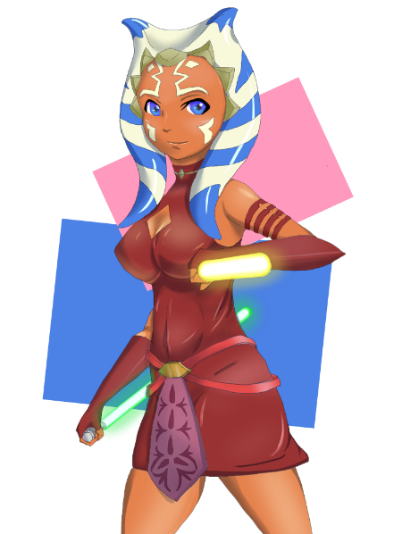 1girl ahsoka_tano alien animification belt blue_eyes breasts catsuit cleavage_cutout clone_wars clothing_cutout covered_erect_nipples dress elbow_gloves energy_sword facial_mark female_focus fingerless_gloves forehead_mark gloves large_breasts lightsaber loincloth looking_at_viewer navel no_bra reverse_grip see-through_clothes short_dress smile solo star_wars star_wars:_the_clone_wars sword tentacle_hair togruta weapon