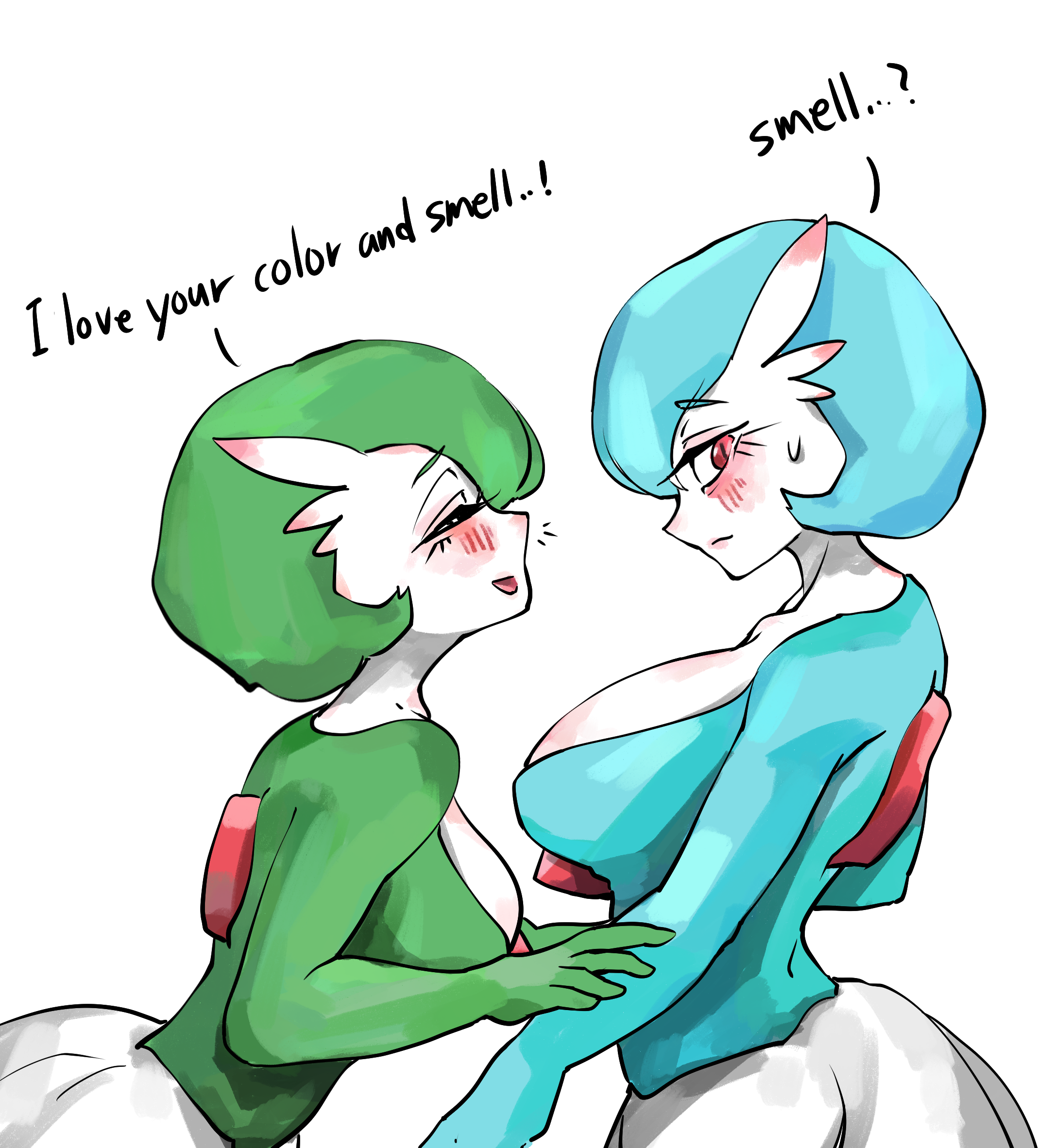 2girls alternate_color blue_hair blue_skin blush bob_cut breasts closed_eyes closed_mouth colored_skin ear_blush english_text female_focus from_side game_freak gardevoir gen_3_pokemon green_hair green_skin hand_on_another's_arm hand_up happy highres kobi_(pixiv_110113813) large_breasts leaning_forward looking_at_viewer multicolored_skin multiple_girls nintendo nose_blush open_mouth pokemon pokemon_(creature) profile shiny_and_normal shiny_pokemon short_hair sideways_glance sideways_mouth simple_background smelling smile standing sweat talking two-tone_skin upper_body white_background white_skin yuri
