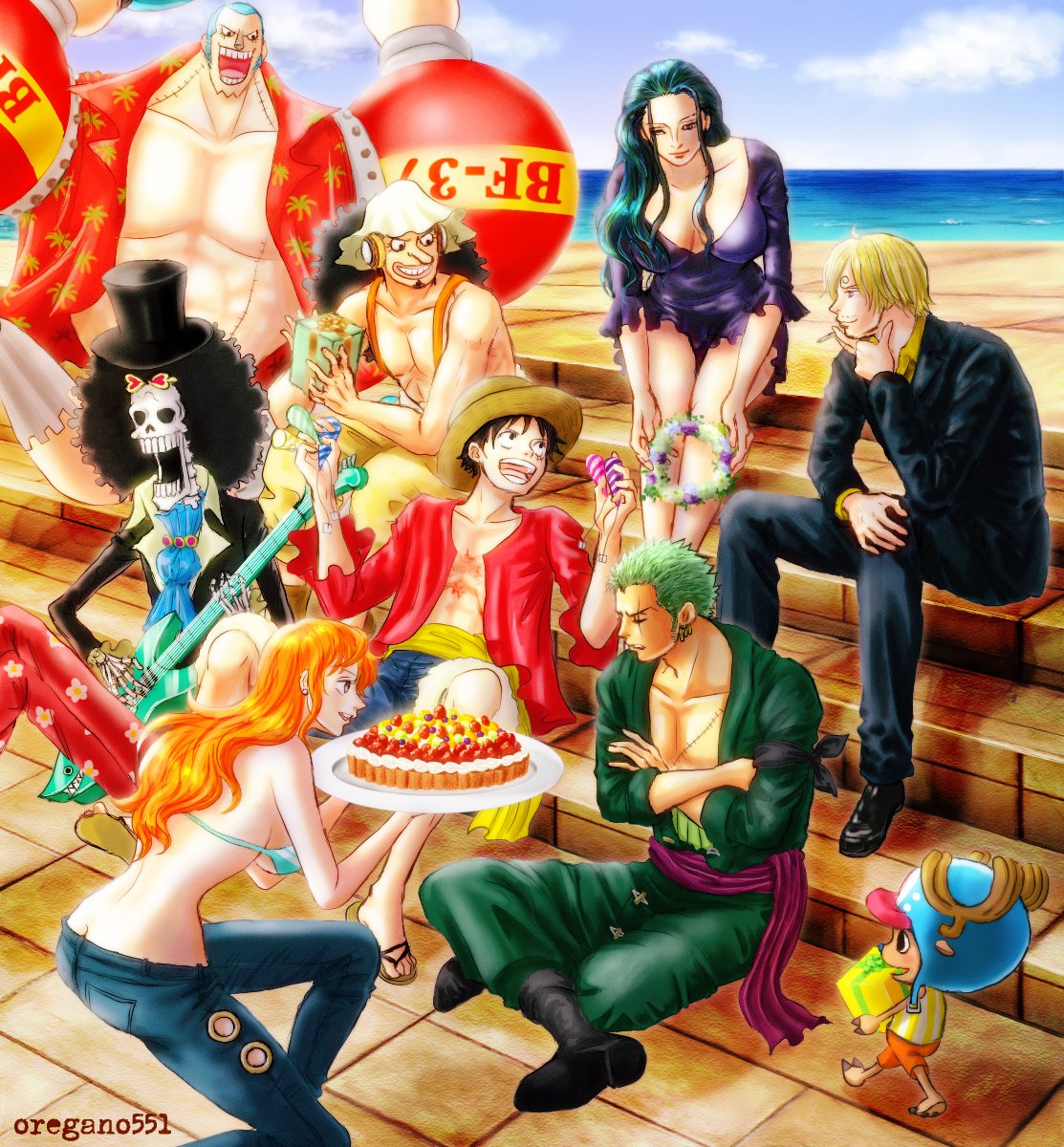 2girls 6+boys afro alternate_color antlers arms_up bikini birthday_cake black_suit blonde_hair breasts brook_(one_piece) buzz_cut cake cigarette crossed_legs denim facial_hair flower_wreath food formal_clothes franky_(one_piece) gift goatee green_bikini green_hair guitar haramaki hat headphones highres holding holding_cigarette holding_gift holding_guitar holding_instrument horns instrument jeans large_breasts long_hair long_sleeves looking_at_another mixed-language_commentary monkey_d._luffy multiple_boys multiple_girls nami_(one_piece) nami_(one_piece)_(return_to_sabaody) nico_robin nico_robin_(fish-man_island) ocean official_alternate_costume one_piece open_mouth oregano551 outdoors pants red_shirt reindeer_antlers roronoa_zoro sanji_(one_piece) sash shirt short_hair sideburns sidelocks sitting smile straw_hat straw_hat_pirates striped_bikini striped_clothes suit swimsuit tony_tony_chopper twitter_username underboob usopp very_short_hair water yellow_sash yellow_shirt