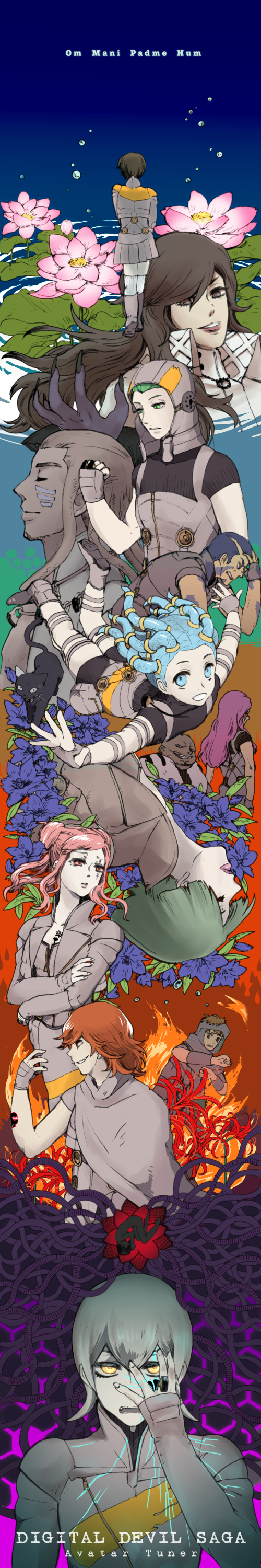 4girls 6+boys absurdres argilla black_eyes black_hair blue_eyes blue_hair cat cielo_(dds) digital_devil_saga gale_(dds) green_eyes green_hair grey_hair heat_(dds) highres jenna_angel jinana lupa multiple_boys multiple_girls pink_eyes pink_hair red_eyes red_hair schrodinger_(dds) sera serph shin_megami_tensei tattoo yellow_eyes