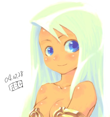 1girl 2004 alchemist_(ragnarok_online) artist_name bare_shoulders blue_eyes breasts cleavage closed_mouth collarbone commentary_request dated fbc green_hair long_hair lowres medium_breasts ragnarok_online sideways_glance simple_background smile solo upper_body white_background