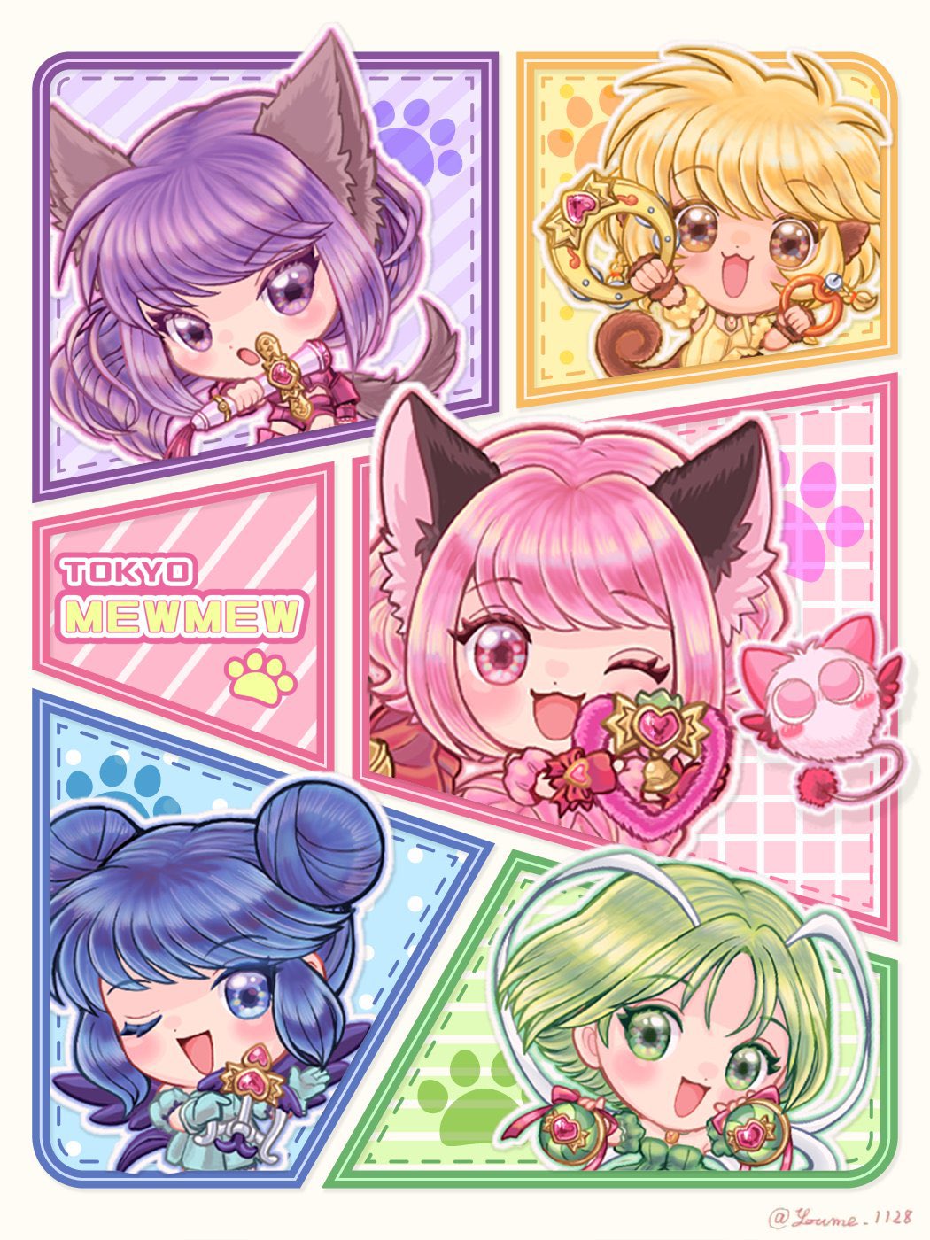 5girls aizawa_mint animal_ears cat_girl chibi chibi_only english_text fong_pudding fujiwara_zakuro highres holding holding_weapon magical_girl mew_ichigo mew_lettuce mew_mint mew_pudding mew_zakuro midorikawa_lettuce momomiya_ichigo monkey_girl multiple_girls strawbell_bell suruga_kanade tokyo_mew_mew weapon weapon_request wings wolf_girl