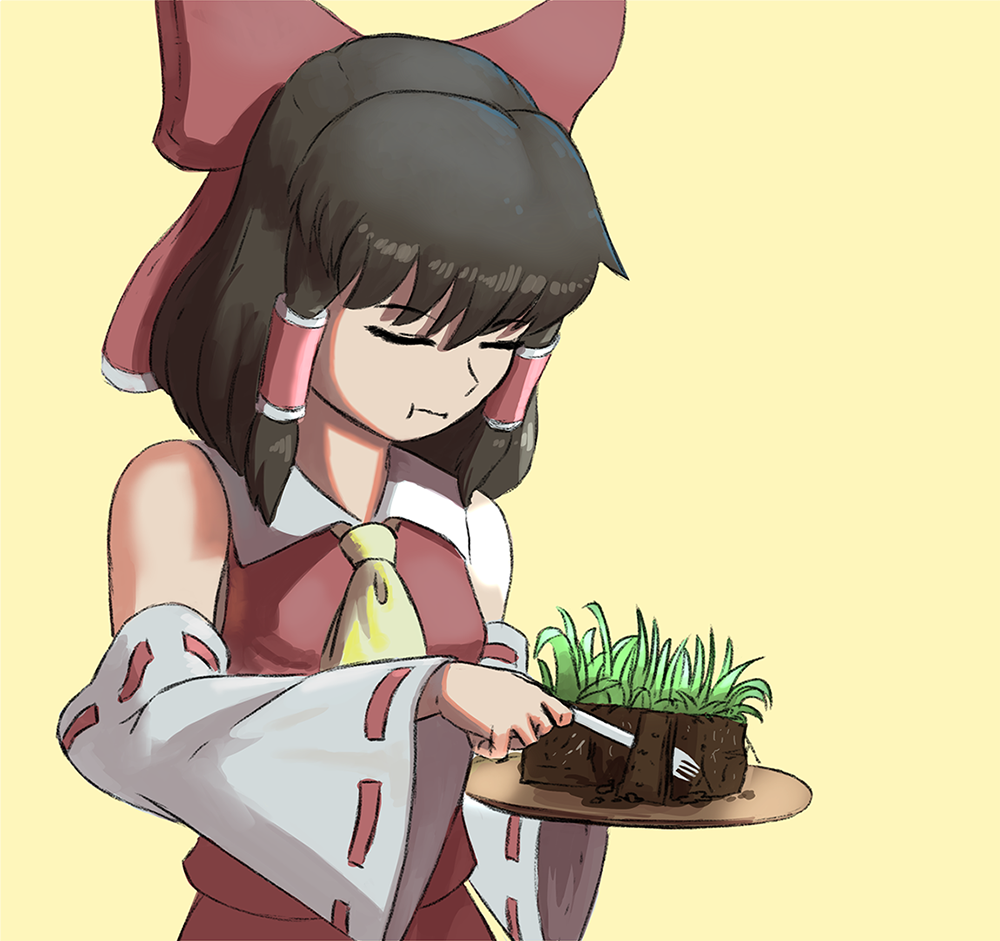 1girl ascot bow brown_hair closed_eyes detached_sleeves dirt eating fork grass hair_bow hair_tubes hakurei_reimu plate red_bow red_shirt shirt simple_background teasmacker touhou white_sleeves yellow_ascot yellow_background