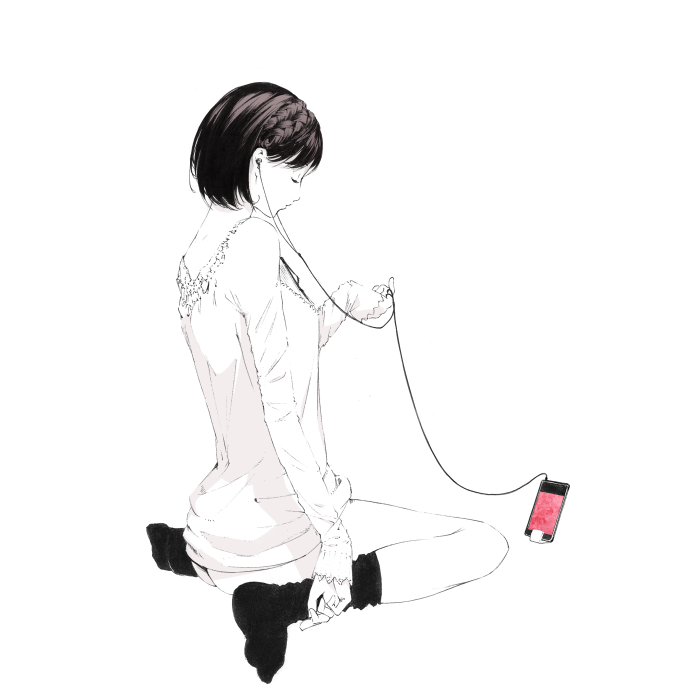 1girl bad_id bad_pixiv_id bottomless closed_eyes digital_media_player earbuds earphones female_focus full_body ipod monochrome partially_colored short_hair simple_background sitting solo sousou_(sousouworks) spot_color white_background