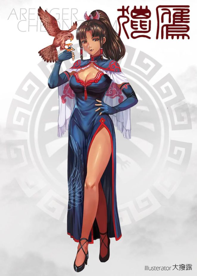 1girl animification avengers:_infinity_war avengers_(series) bird bird_on_hand brown_eyes brown_hair capelet china_dress chinese_clothes dress falcon female_focus full_body genderswap genderswap_(mtf) hair_ornament marvel marvel_cinematic_universe mole mole_under_eye name_connection ponytail solo tan the_falcon