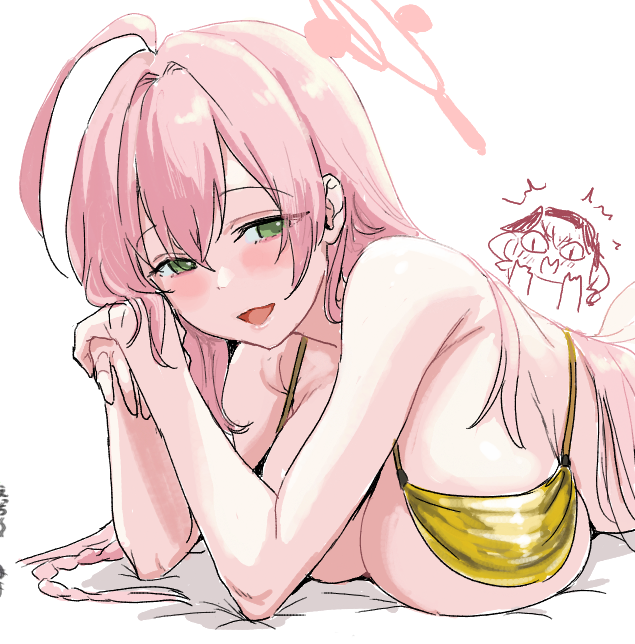 1girl ahoge armpit_crease bare_shoulders bikini bikini_top_lift blue_archive blush braid breast_rest breasts clearite clothes_lift doodle_sensei_(blue_archive) elbow_rest green_eyes hair_between_eyes halo hanako_(blue_archive) large_breasts long_hair lying on_stomach open_mouth pink_hair pink_halo sensei_(blue_archive) simple_background smile solo_focus swimsuit white_background yellow_bikini