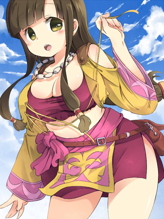 1girl blush breasts brown_eyes brown_hair cleavage cloud jewelry large_breasts long_hair looking_at_viewer necklace oosuzu_aoi open_mouth saaya_(suisei_no_gargantia) skirt solo suisei_no_gargantia