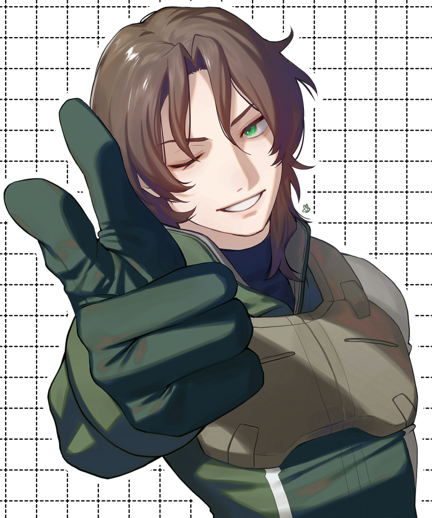 1boy artist_logo bodysuit brown_eyes commentary_request foreshortening green_bodysuit green_eyes grin gundam gundam_00 hair_between_eyes lockon_stratos logo male_focus mecha_pilot_suit medium_hair normal_suit_(gundam) outstretched_arm pointing smile solo spacesuit upper_body ususio_11