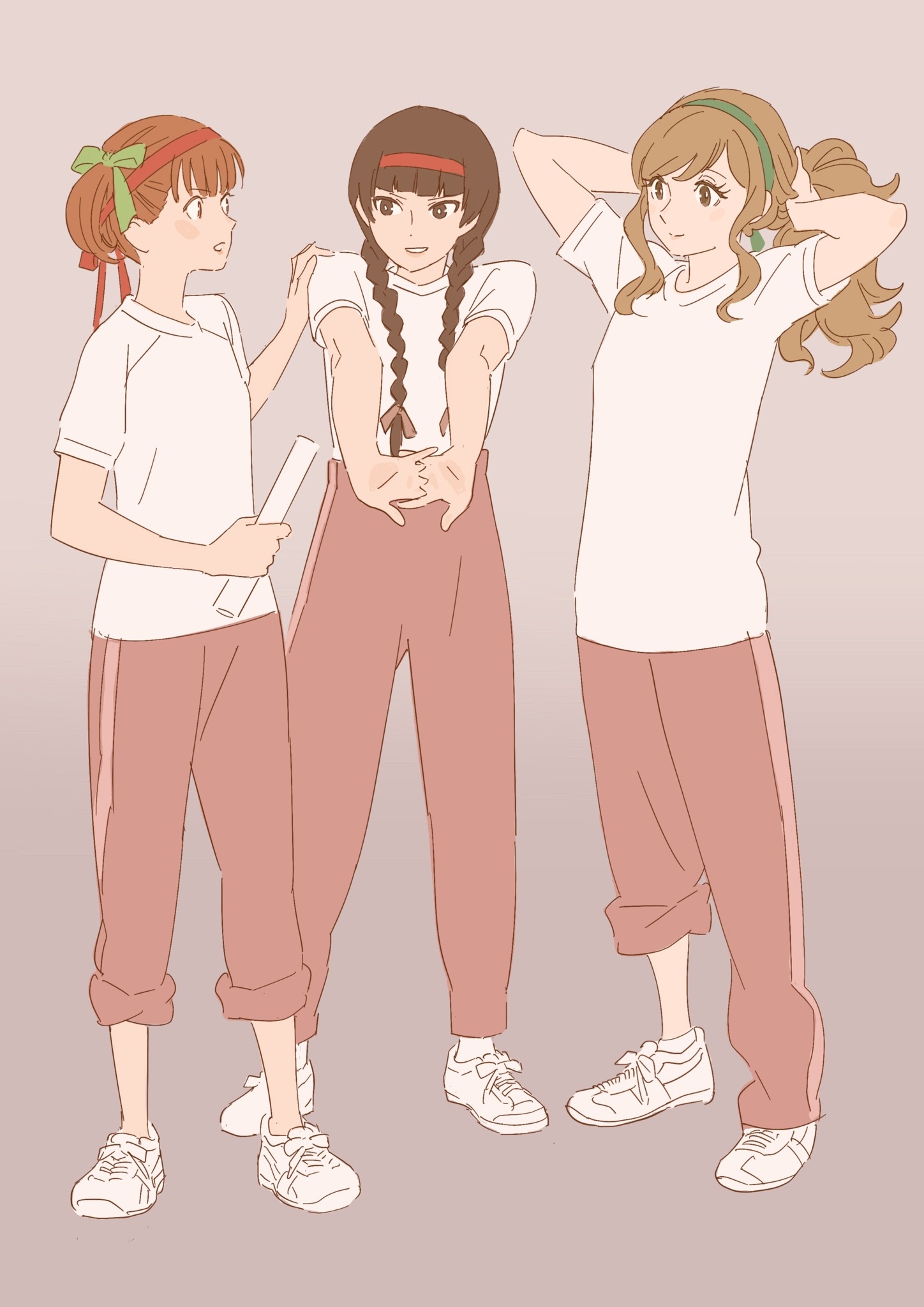 3girls 55bata6rou arms_behind_head arms_up black_hair braid brown_eyes brown_hair closed_mouth fukuzawa_yumi full_body green_hairband green_ribbon grey_background gym_uniform hairband headband highres holding holding_own_hair interlocked_fingers long_hair looking_at_another maria-sama_ga_miteru multiple_girls open_mouth outstretched_arms own_hands_together pants pants_rolled_up red_headband red_pants relay_baton ribbon shimazu_yoshino shirt shoes short_hair short_sleeves simple_background smile sneakers standing stretching toudou_shimako twin_braids twintails tying_hair wavy_hair white_shirt white_shoes