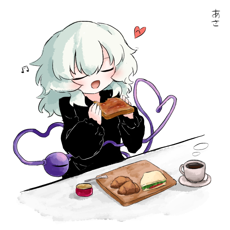 1girl alternate_costume black_dress bread bread_slice closed_eyes commentary_request croissant cup cutting_board dress eating food green_hair heart heart_of_string heripantomorrow holding holding_food jam knife komeiji_koishi long_sleeves medium_hair musical_note sandwich saucer solo spoken_musical_note steaming_cup table teacup third_eye toast touhou translation_request white_background