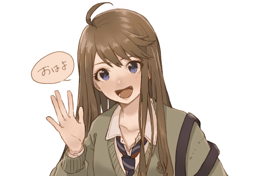 1girl :d \||/ ahoge blue_eyes blue_necktie blush brown_cardigan brown_hair cardigan collarbone collared_shirt commentary_request hair_over_shoulder hand_up idolmaster idolmaster_million_live! long_hair long_sleeves looking_at_viewer loose_necktie lower_teeth_only necktie nose_blush open_collar open_mouth shirt shoulder_strap sidelocks simple_background smile solo speech_bubble striped_necktie swept_bangs tanupon teeth thick_eyelashes tokoro_megumi translation_request upper_body waving white_background white_shirt