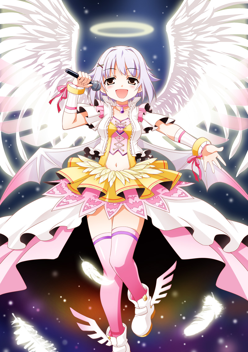 10s 1girl :d akou_roushi angel angel_wings blush boots brown_eyes choker demon_wings female_focus hair_ornament hairclip halo idolmaster idolmaster_cinderella_girls koshimizu_sachiko light_purple_hair microphone multiple_wings navel open_mouth pink_thighhighs shoes short_hair smile solo thighhighs white_wings winged_footwear wings
