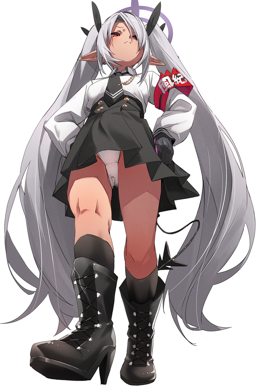 1girl armband black_boots black_gloves black_necktie black_skirt black_socks blue_archive boots commentary crotch_seam dark-skinned_female dark_skin demon_tail from_below fu-ta gloves grey_hair hair_over_one_eye halo highres iori_(blue_archive) long_hair long_sleeves miniskirt necktie panties pointy_ears purple_halo red_armband red_eyes skirt socks solo tail twintails underwear very_long_hair white_panties