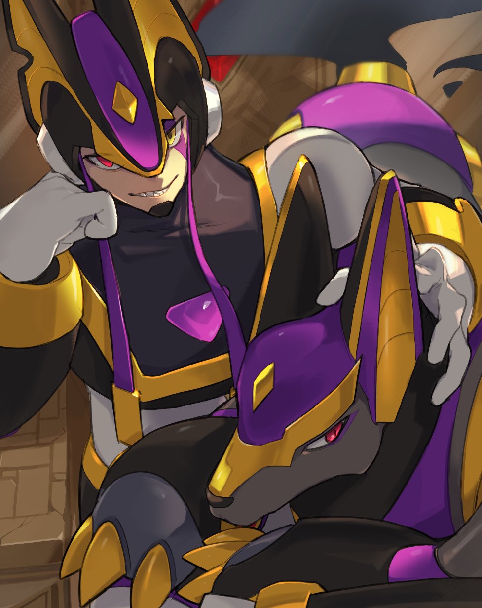 bass_(mega_man) black_helmet chest_jewel commission facial_mark forehead_jewel helmet heterochromia highres mega_man_(classic) mega_man_(series) original red_eyes sharp_teeth skeb_commission teeth treble_(mega_man) vani_(hisha_04) yellow_eyes