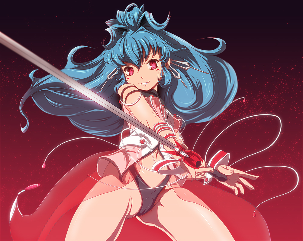 1girl alfimi artist_request banpresto bare_legs blue_hair facial_mark female_focus holding holding_sword holding_weapon legs long_hair ponytail red_eyes smile solo super_robot_wars super_robot_wars_og_saga_mugen_no_frontier super_robot_wars_og_saga_mugen_no_frontier_exceed sword thong very_long_hair weapon wide_hips