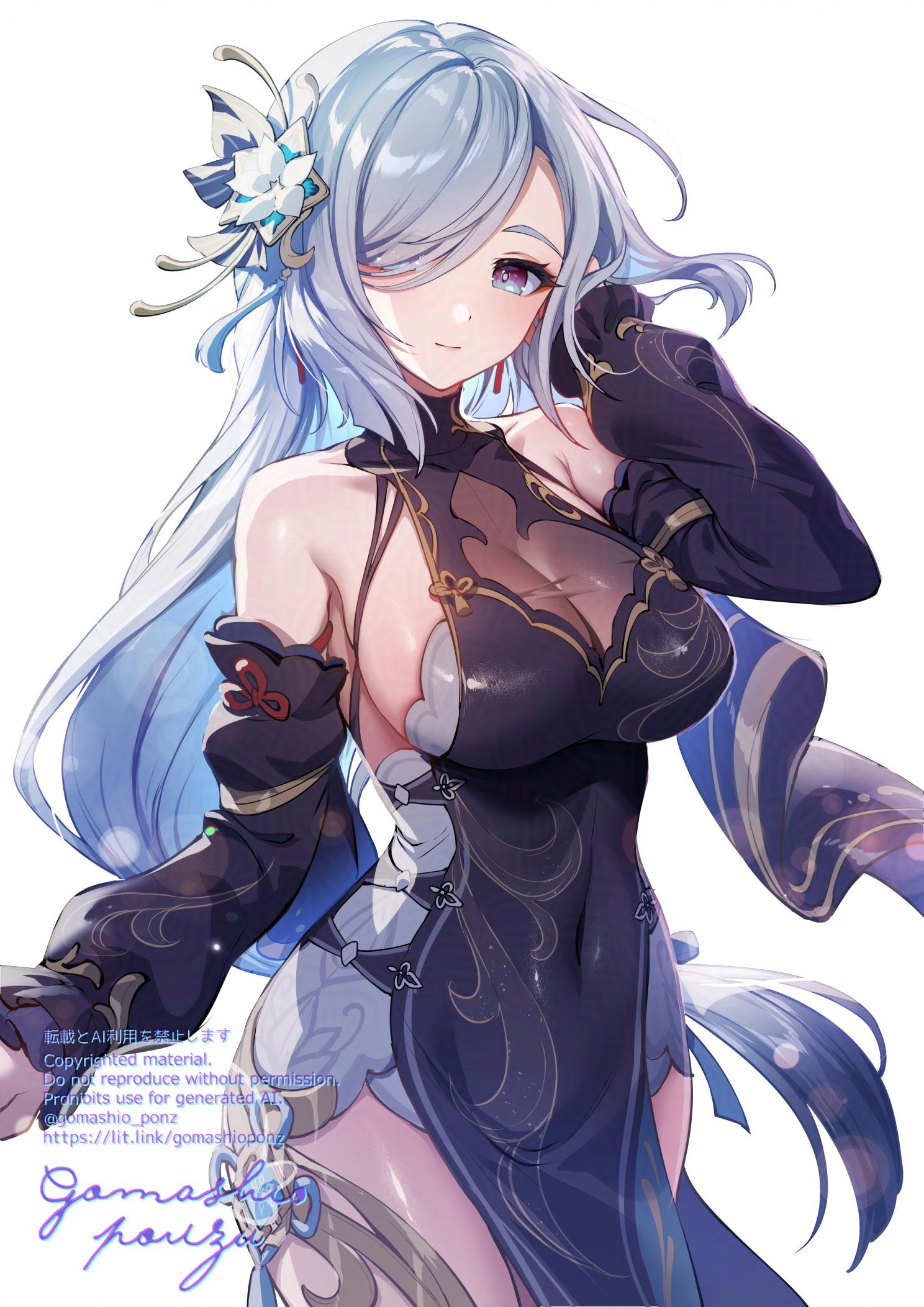 1girl bare_shoulders black_dress blue_eyes blush breasts detached_sleeves dress flower genshin_impact gomashio_ponz hair_flower hair_ornament hair_over_one_eye highres large_breasts long_hair looking_at_viewer miniskirt pelvic_curtain ponytail revision shenhe_(frostflower_dew)_(genshin_impact) shenhe_(genshin_impact) skirt tassel thighs very_long_hair white_background white_hair white_skirt